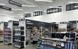 Interior store merchandising and layout at Adams Building Supply.